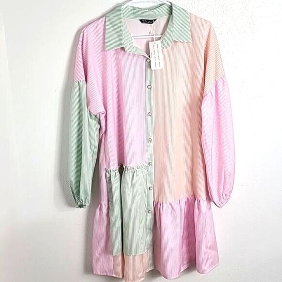 Simplee Lantern Sleeve Colorblock Pinstripe Shirt Dress, Size Medium, NWT - Picture 1 of 11